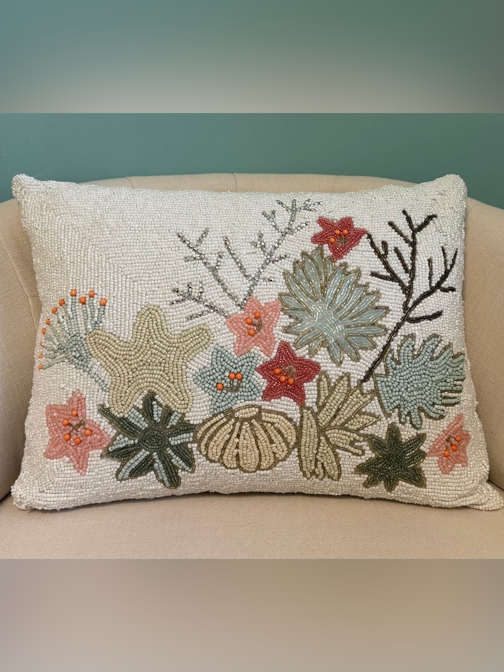 Coastal Beaded Throw Pillow
Handmade Seed Bead Seashell Starfish
Beach Decor